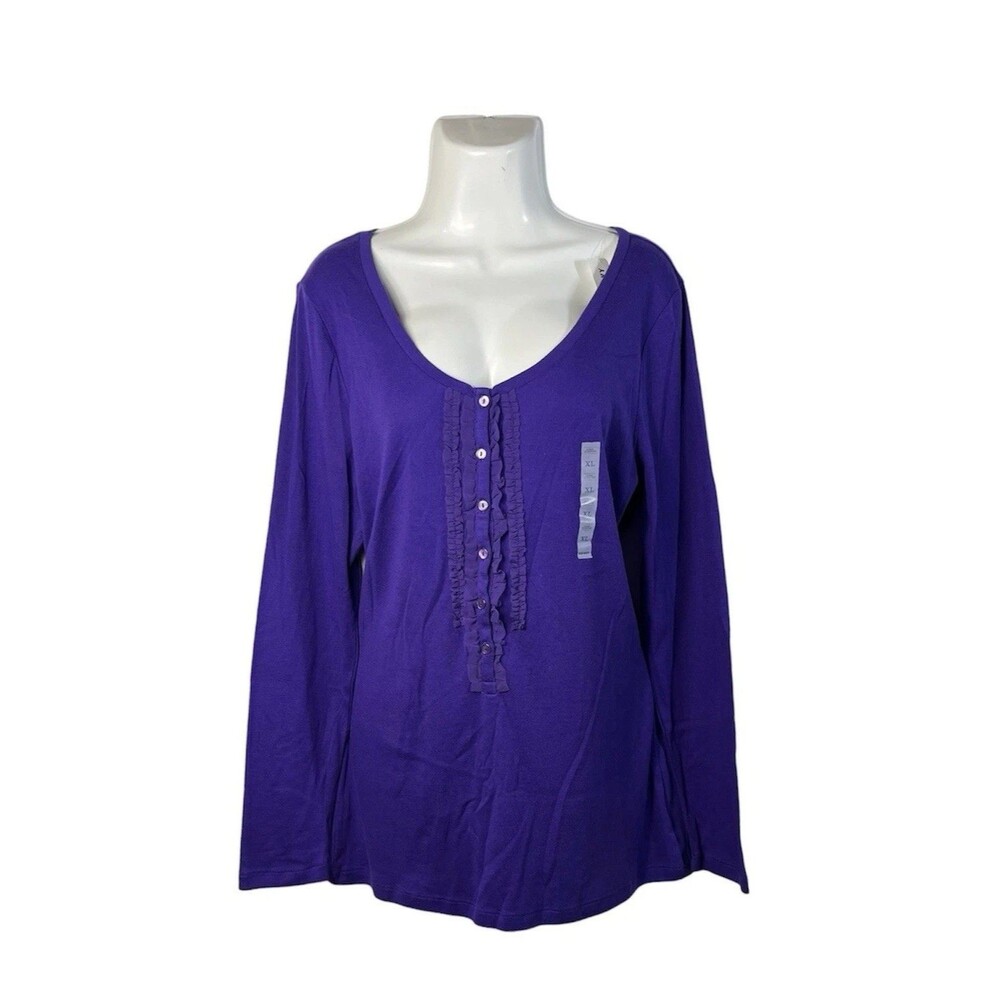 Old Navy Long Sleeve Knit Tee XL Purple Woman Button Front Ruffle Casual Shirt